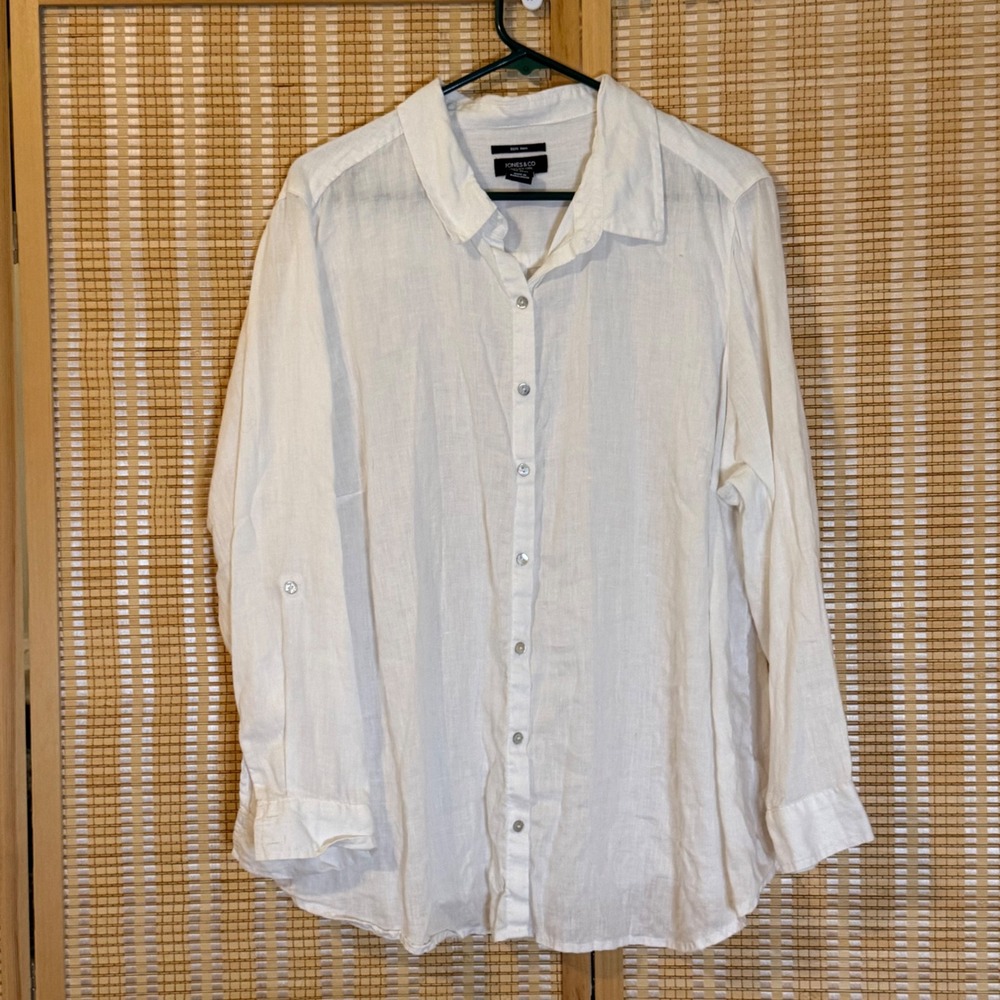 Jones & Co Jones New York Women 2X White 100% Linen Roll Tab Button Down Shirt